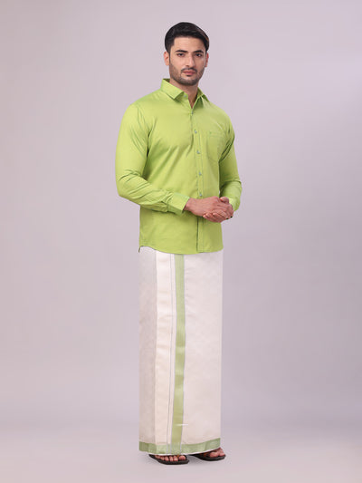 Men's Cotton Parrot Green Shirt and Airtex Matching Border Dhoti Combo Nector side pose
