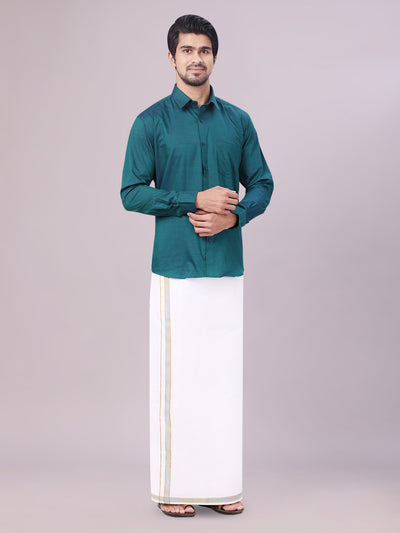 Men's Teal Green Shirt with Matching Border Dhoti Combo Pinto side pose