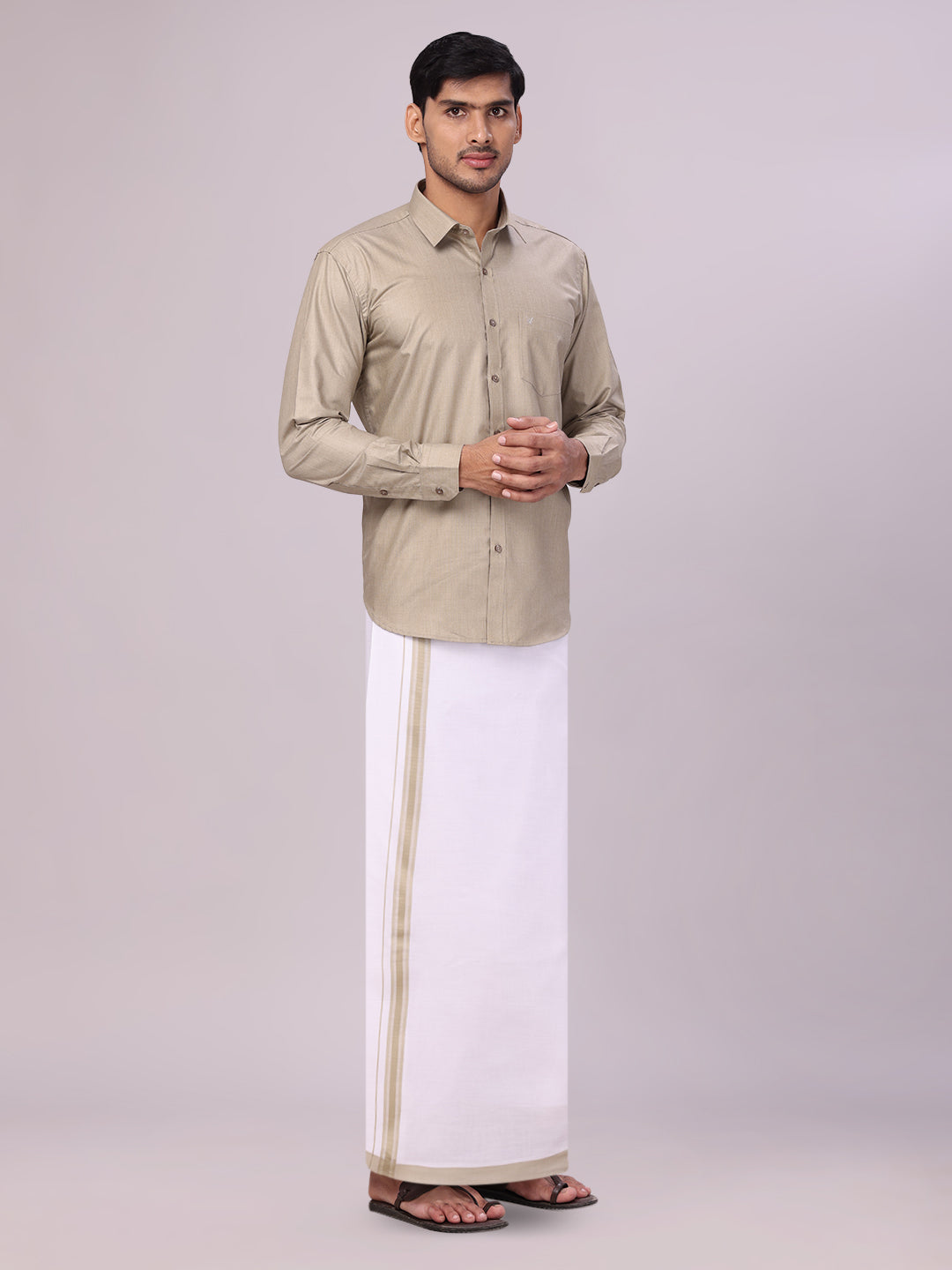 Men's Cotton Light Olive Matching Shirt and Dhoti Combo Luster side pose