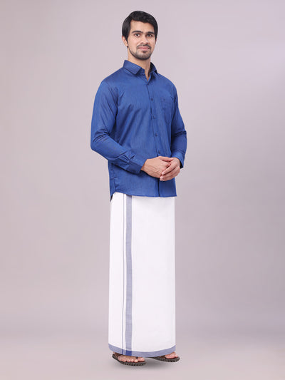 Dark Blue Colour Cotton Shirt with Matching Border Dhoti Combo for men side pose
