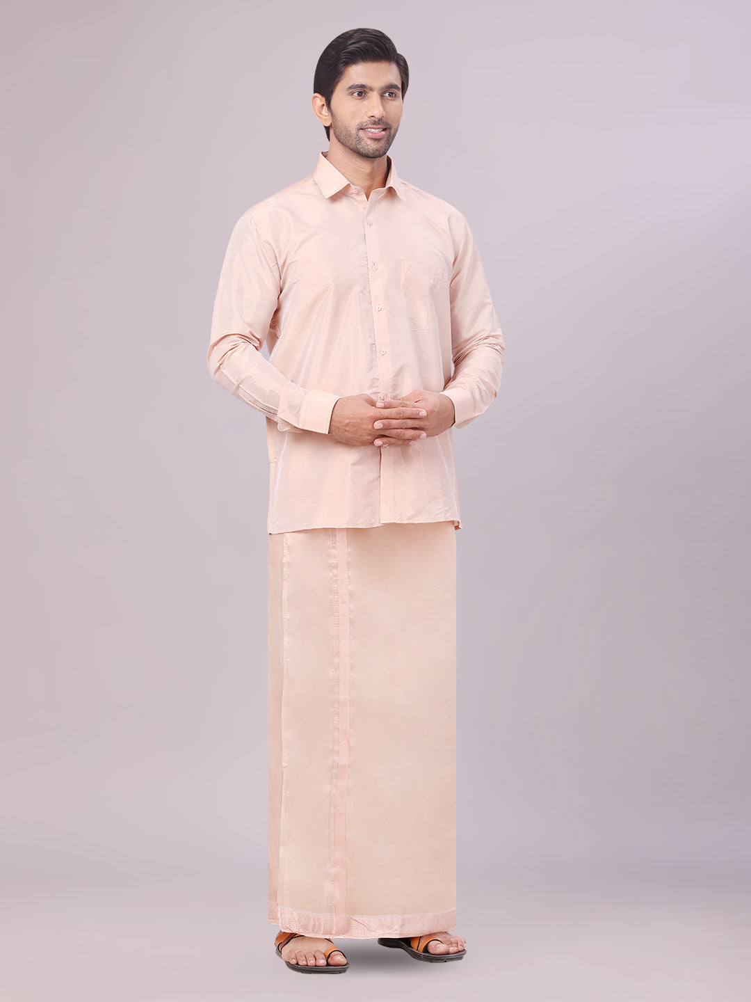 Men's Art Silk Light Copper Full Sleeves Shirt with Copper Jari Border Dhoti Combo Finesse side pose