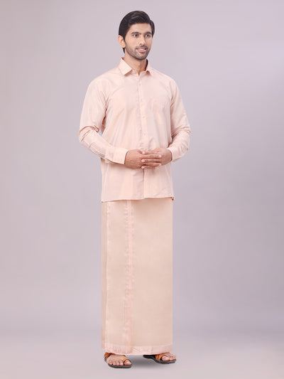 Men's Art Silk Light Copper Full Sleeves Shirt with Copper Jari Border Dhoti Combo Finesse side pose