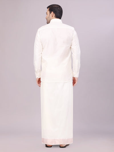 Men's Art Silk Cream Jacquard Full Sleeves Shirt with 2 1/2" Copper Jari Border & Towel Dhoti Combo Nautica