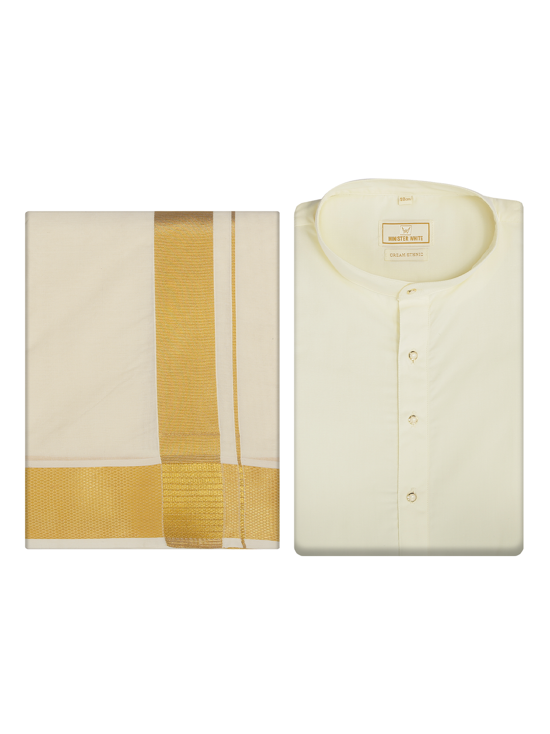 Mens Cotton Regular Fit Kurta Cream with 2" Gold Jari Panchakacham & Angavastram