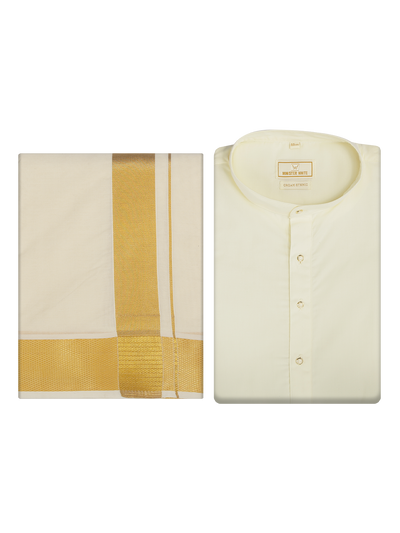 Mens Cotton Regular Fit Kurta Cream with 2" Gold Jari Panchakacham & Angavastram