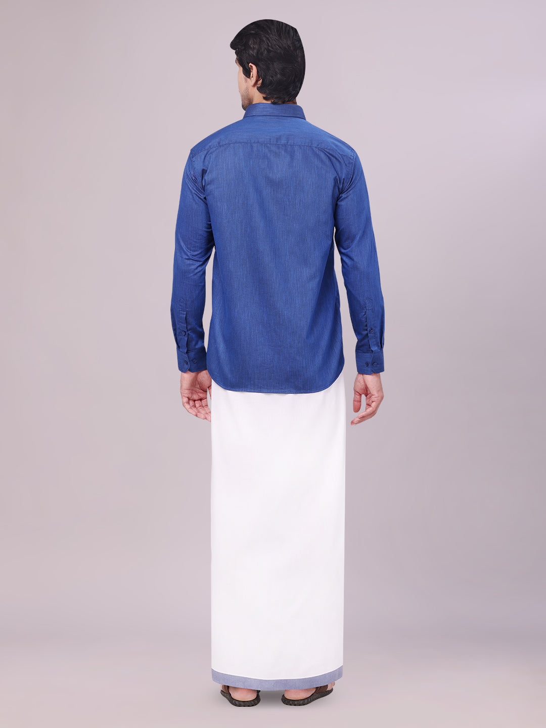 Dark Blue Colour Cotton Shirt with Matching Border Dhoti Combo for men back pose