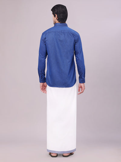 Dark Blue Colour Cotton Shirt with Matching Border Dhoti Combo for men back pose