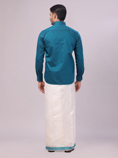 Men's Cotton Steel Blue Shirt and Airtex Matching Border Dhoti Combo Nector back pose