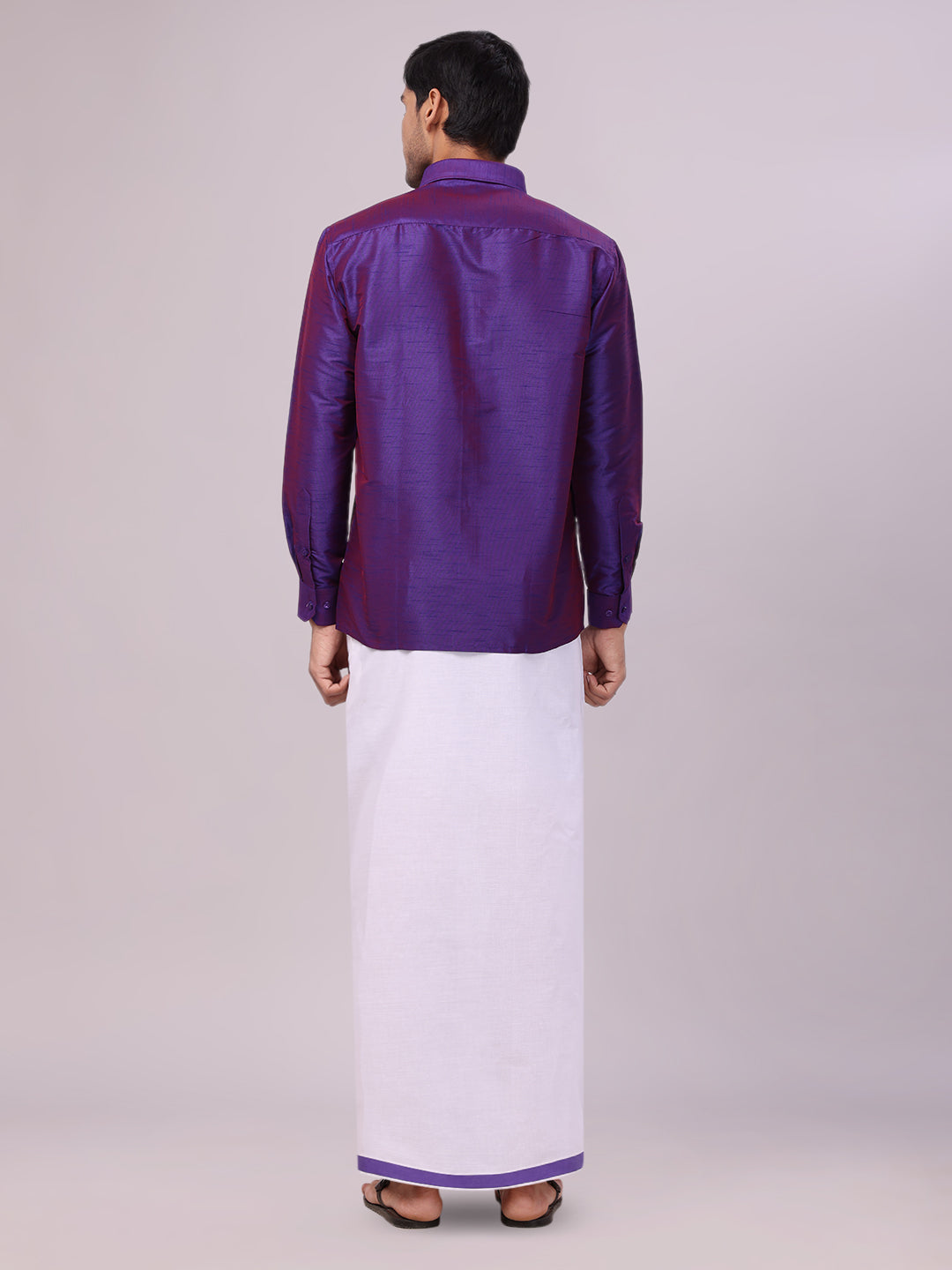 Dupion Satin Violet Shirt with Dhoti Combo for men - back pose