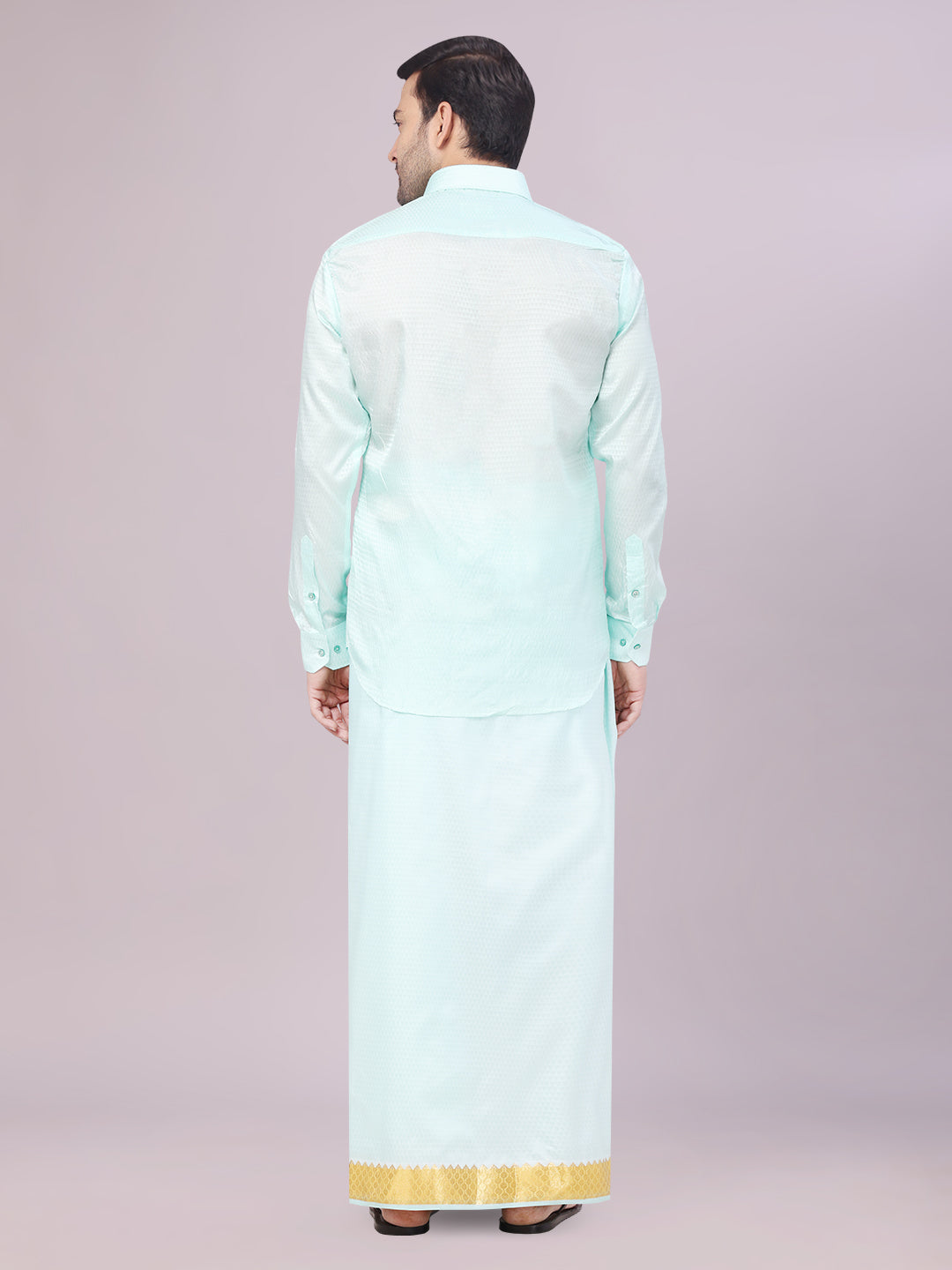 Men's Art Silk Mint Gold Jacquard Full Sleeves Shirt with 2 1/2"  Jari Border & Towel Dhoti Combo Nautica