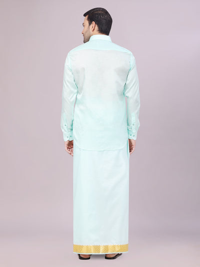 Men's Art Silk Mint Gold Jacquard Full Sleeves Shirt with 2 1/2"  Jari Border & Towel Dhoti Combo Nautica