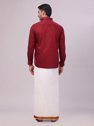 Men's Cotton Maroon Shirt and Airtex Matching Border Dhoti Combo Nector back pose