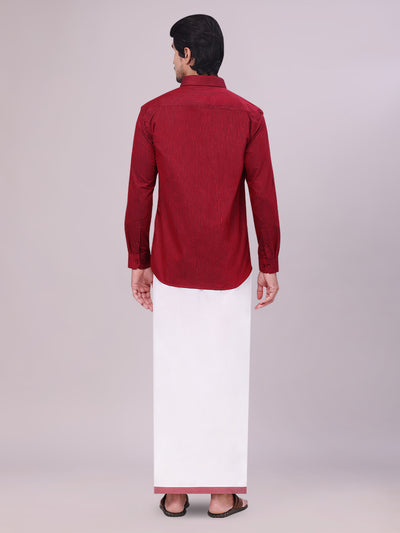 Maroon Colour Cotton Shirt with Matching Border Dhoti Combo for men back pose