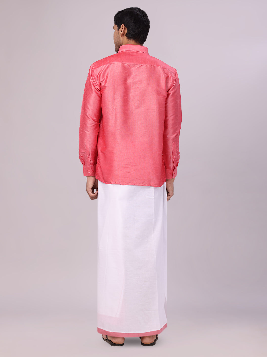 Dupion Satin Pink Shirt with Dhoti Combo for men - back pose
