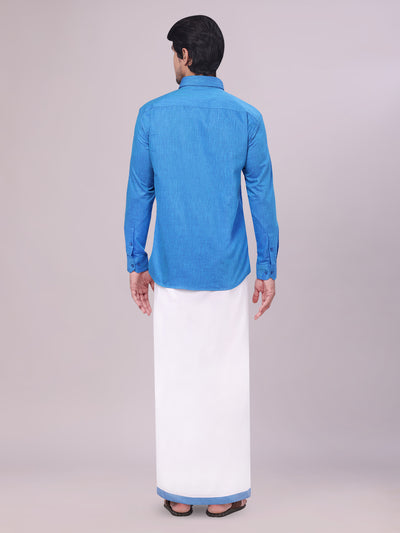 Father Blue Colour Cotton Shirt with Matching Border Dhoti Combo back pose
