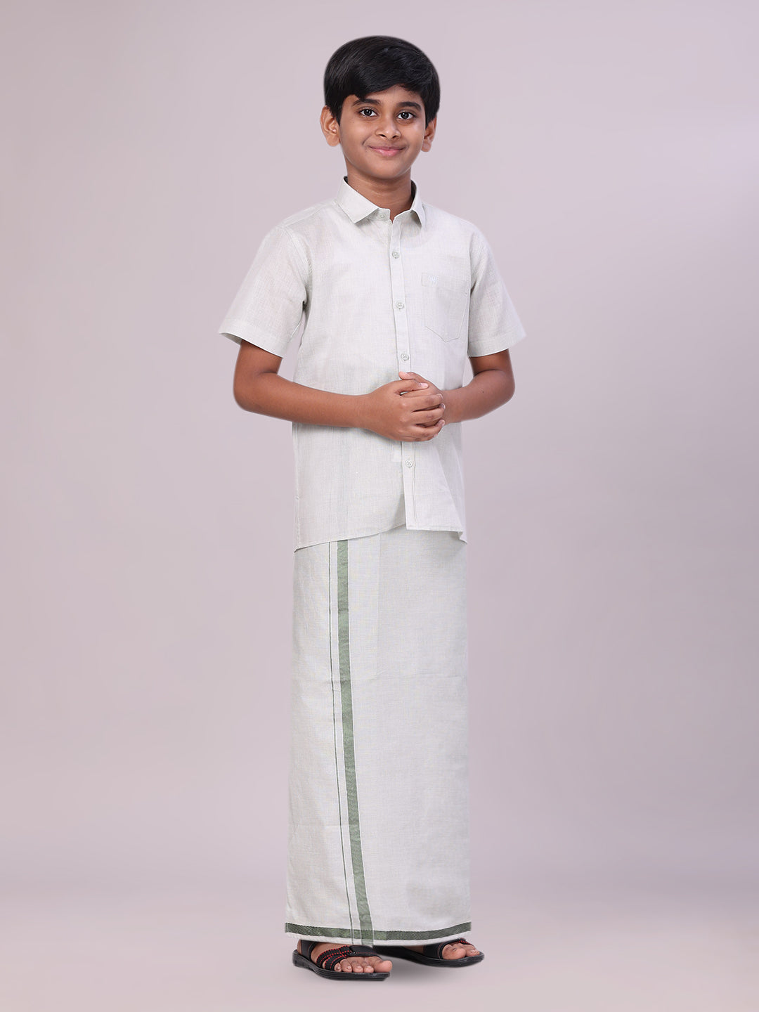 Boys Tissue Olive Green Colour Shirt with Dhoti Combo front pose