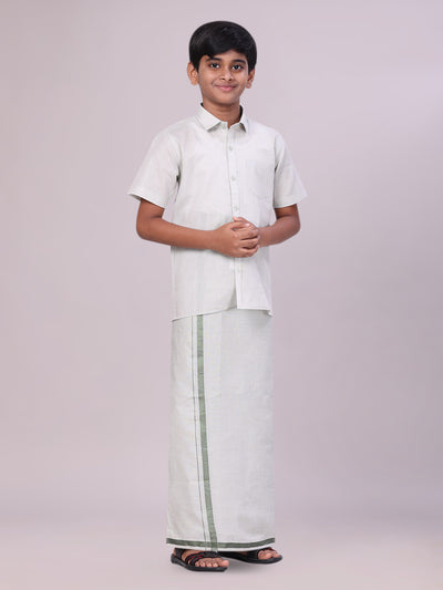 Boys Tissue Olive Green Colour Shirt with Dhoti Combo front pose