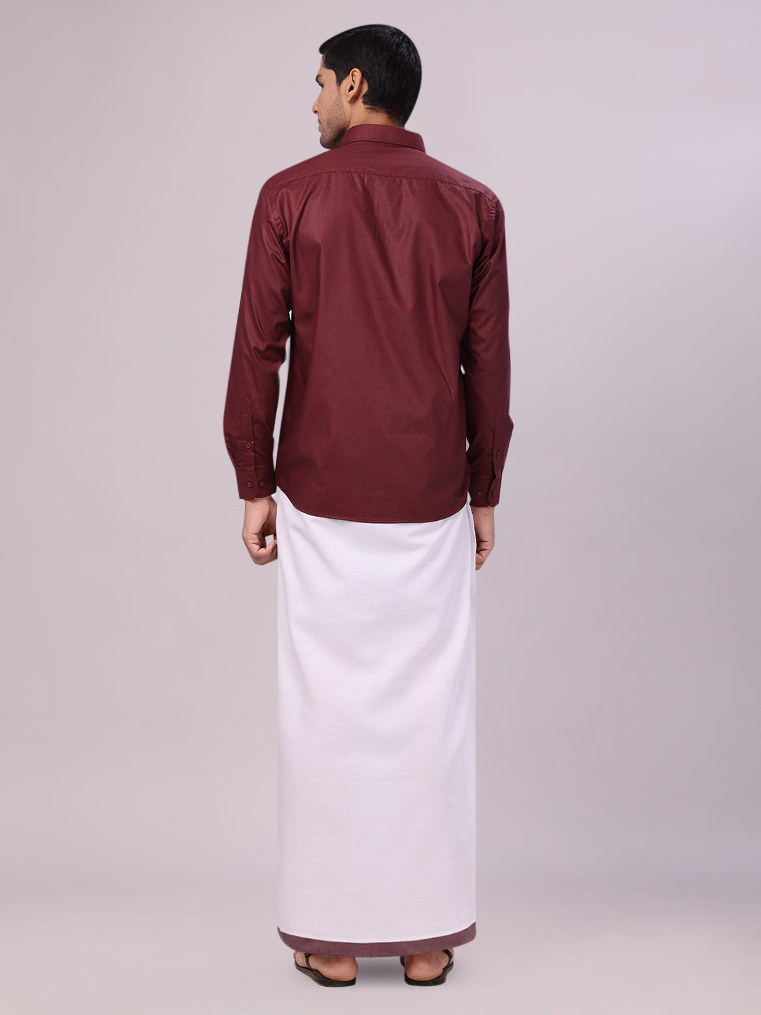 Men's Maroon Color Shirt with Matching Border Dhoti Combo Casper back pose
