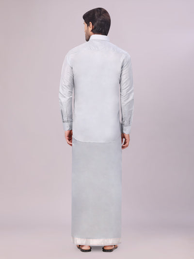 Men's Art Silk Steel Grey Full Sleeves Shirt with Silver Jari Border Dhoti Combo Finesse back pose