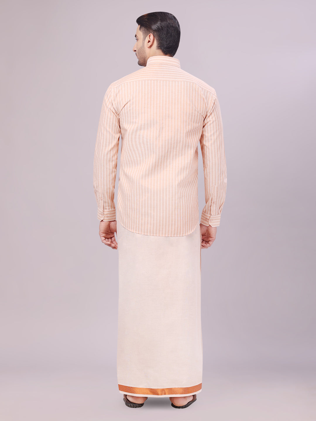 Men's Tissue Stripes Copper Shirt with Plain Jari Border Dhoti Wedding Combo Carter back pose