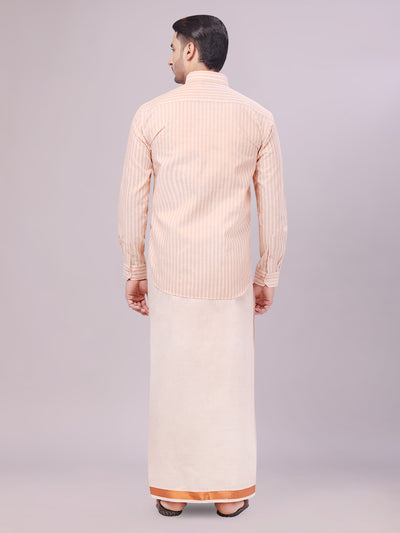 Men's Tissue Stripes Copper Shirt with Plain Jari Border Dhoti Wedding Combo Carter back pose