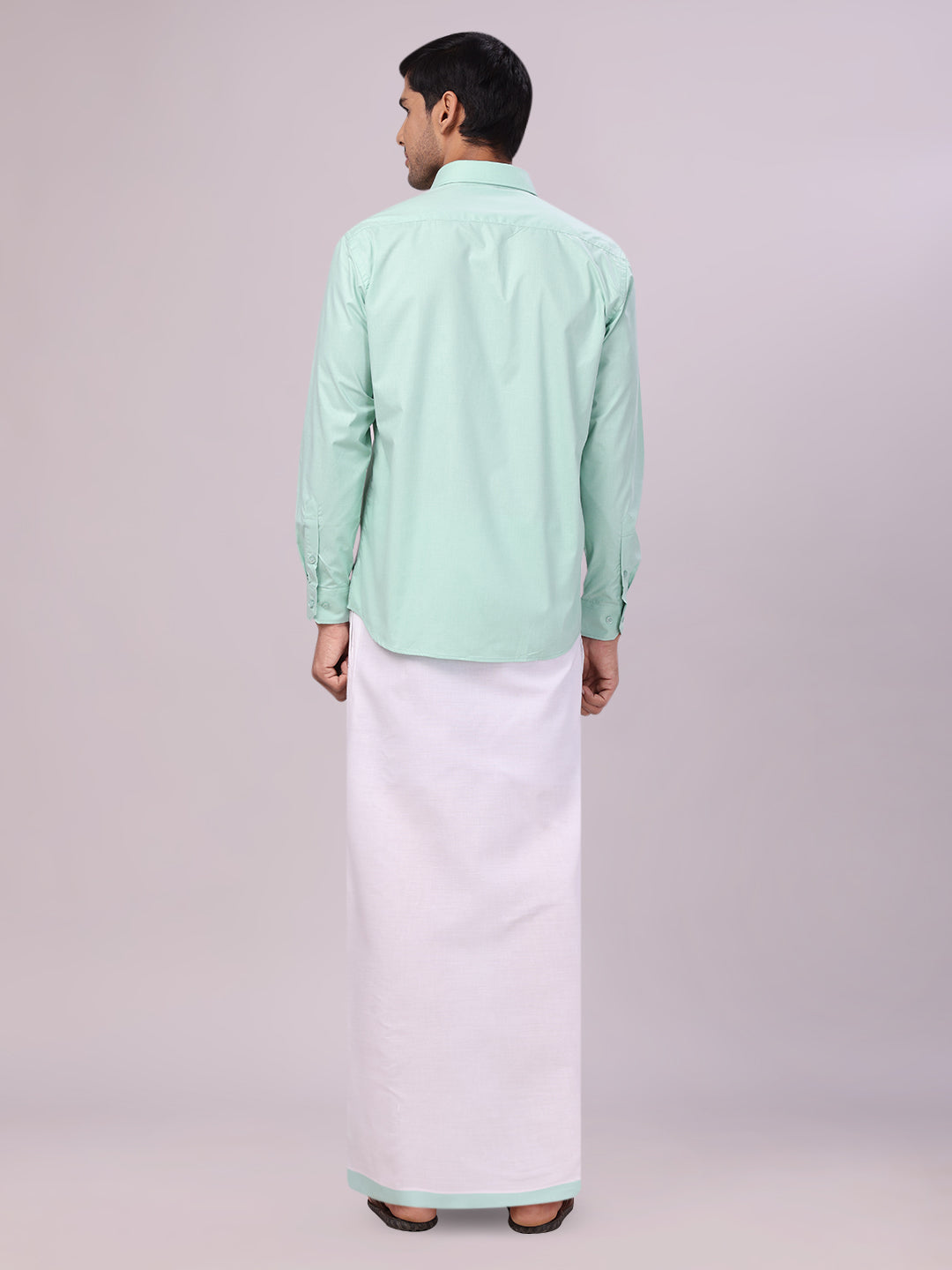 Men's See Green Shirt with Matching Border Flexi Dhoti Combo Casper Flexi back pose