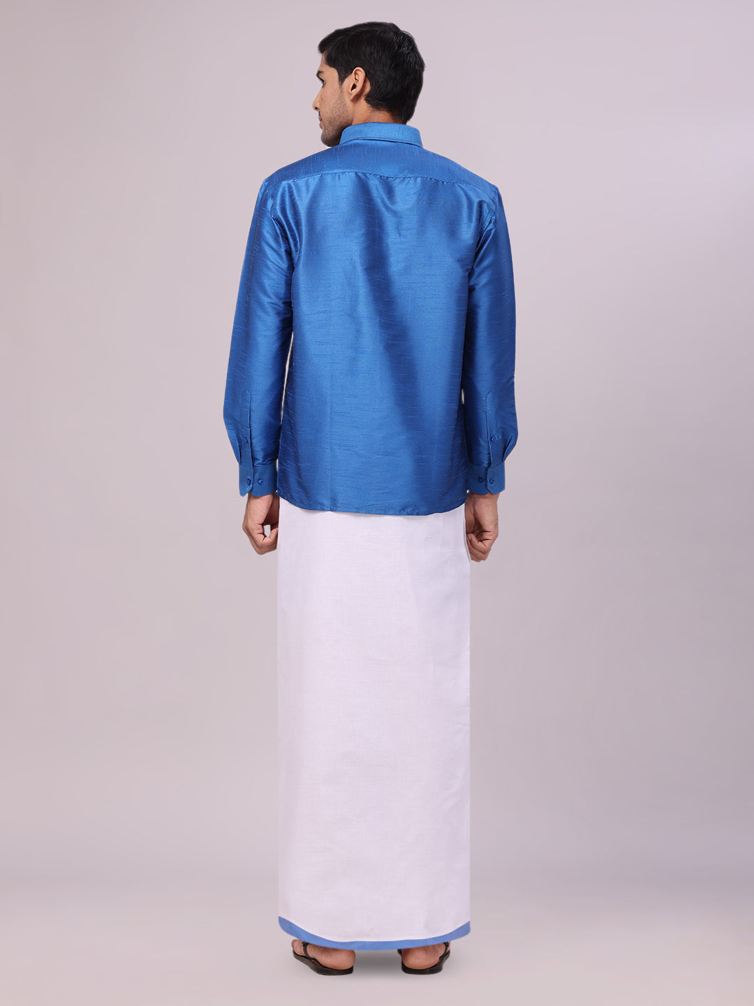 Dupion Satin Blue Shirt with Dhoti Combo for men - back pose