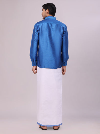 Men's Blue Dupion Satin Color Shirt with Matching Border Dhoti Combo Gora back pose