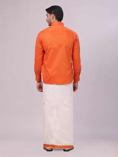 Men's Cotton Brick Shirt and Airtex Matching Border Dhoti Combo Nector