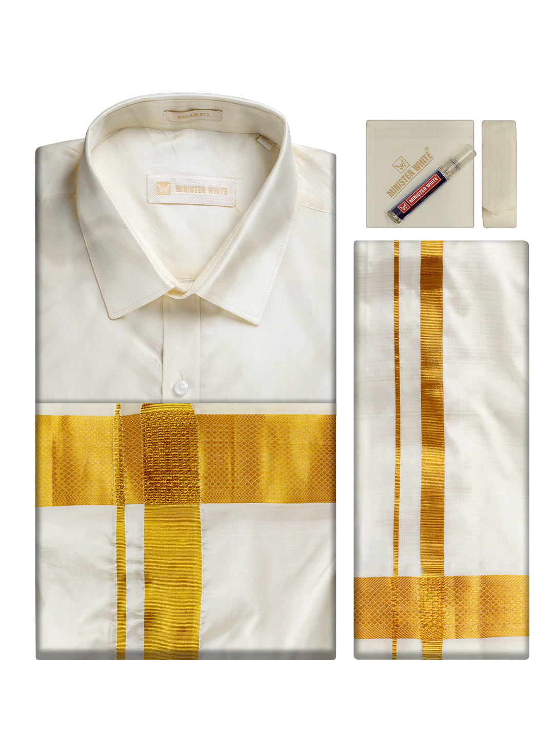 Men's Pure Silk Wedding Cream Shirt, Dhoti, Nerial with Belt Combo - Nesam 120K