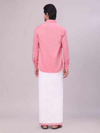 Men's Pink Colour Shirt with Matching Fancy Border Dhoti Combo Lemax back pose