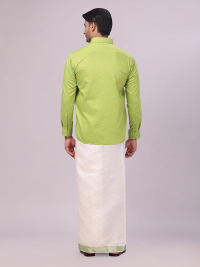 Men's Cotton Parrot Green Shirt and Airtex Matching Border Dhoti Combo Nector back pose