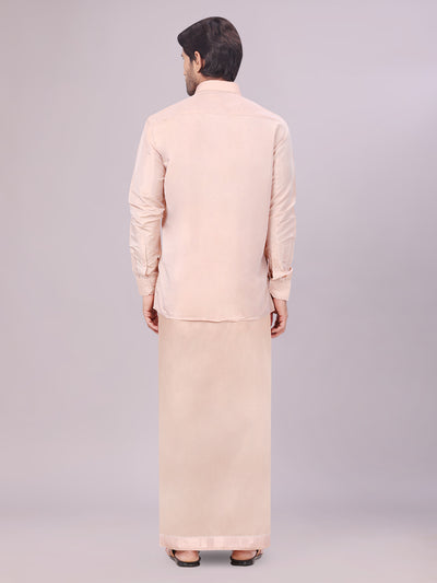 Men's Art Silk Light Copper Full Sleeves Shirt with Copper Jari Border Dhoti Combo Finesse back pose