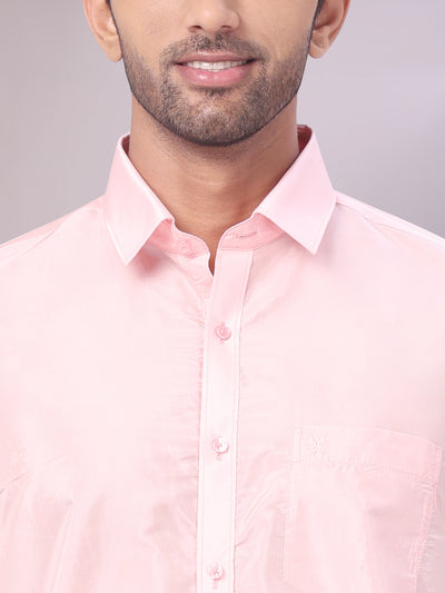 Mens Art Silk Pink Full Sleeves Shirt with Copper Jari Border Flexi Dhoti Combo Finesse
