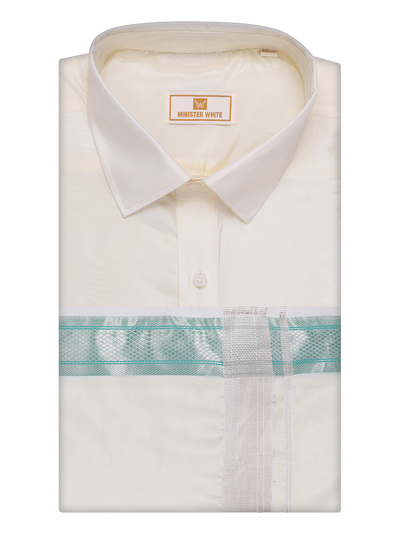 Men's Art Silk Cream Full Sleeves Shirt with Fancy Jari Border Dhoti Combo Finesse