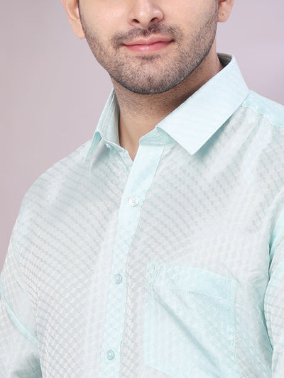 Men's Art Silk Sea Green Jacquard Full Sleeves Shirt with 2 1/2" Jari Border & Towel Dhoti Combo Nautica