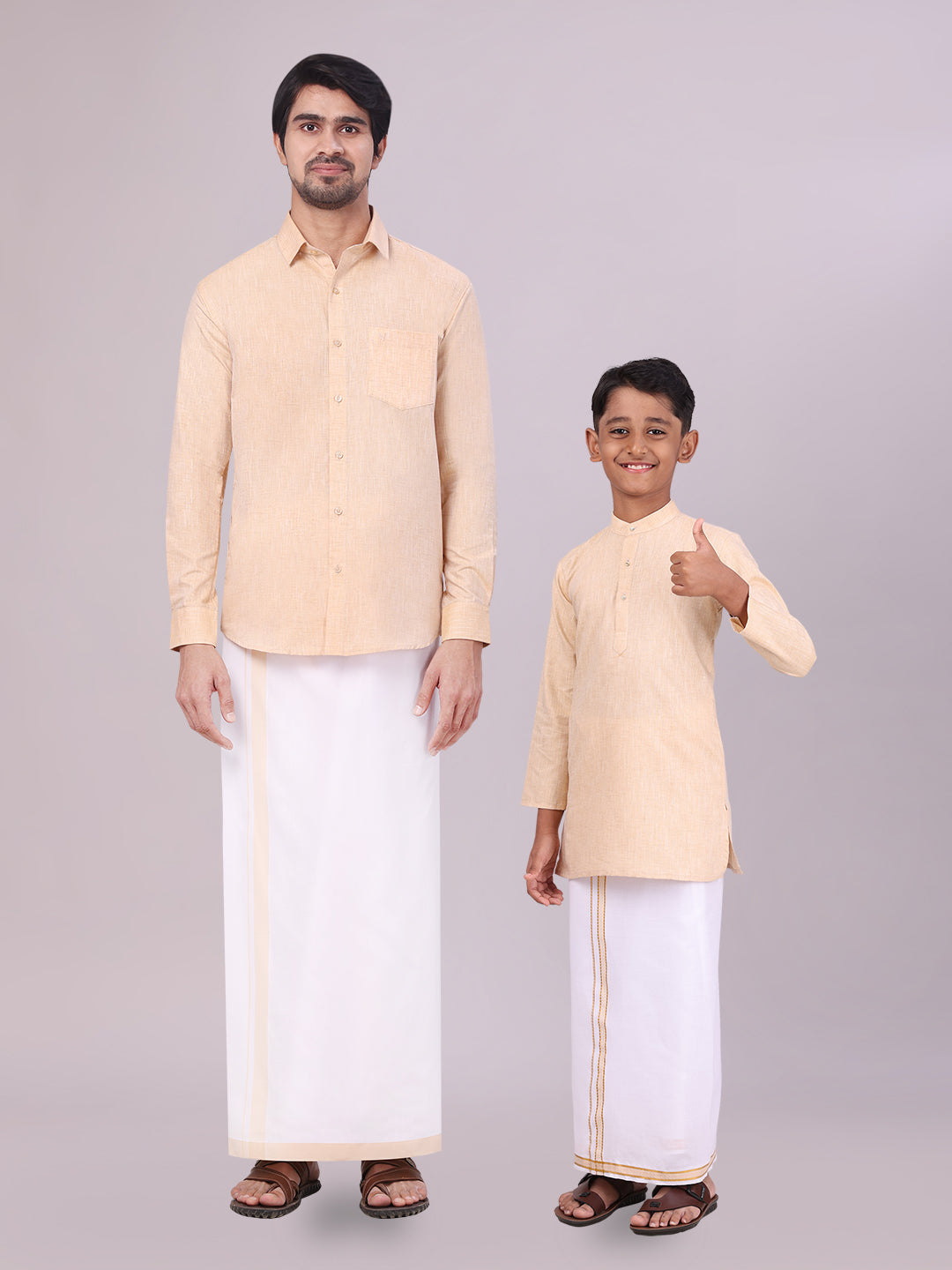 Father & Son Light Sandal Men Shirt Dhoti Set with Kids Kurta Dhoti Set Combo
