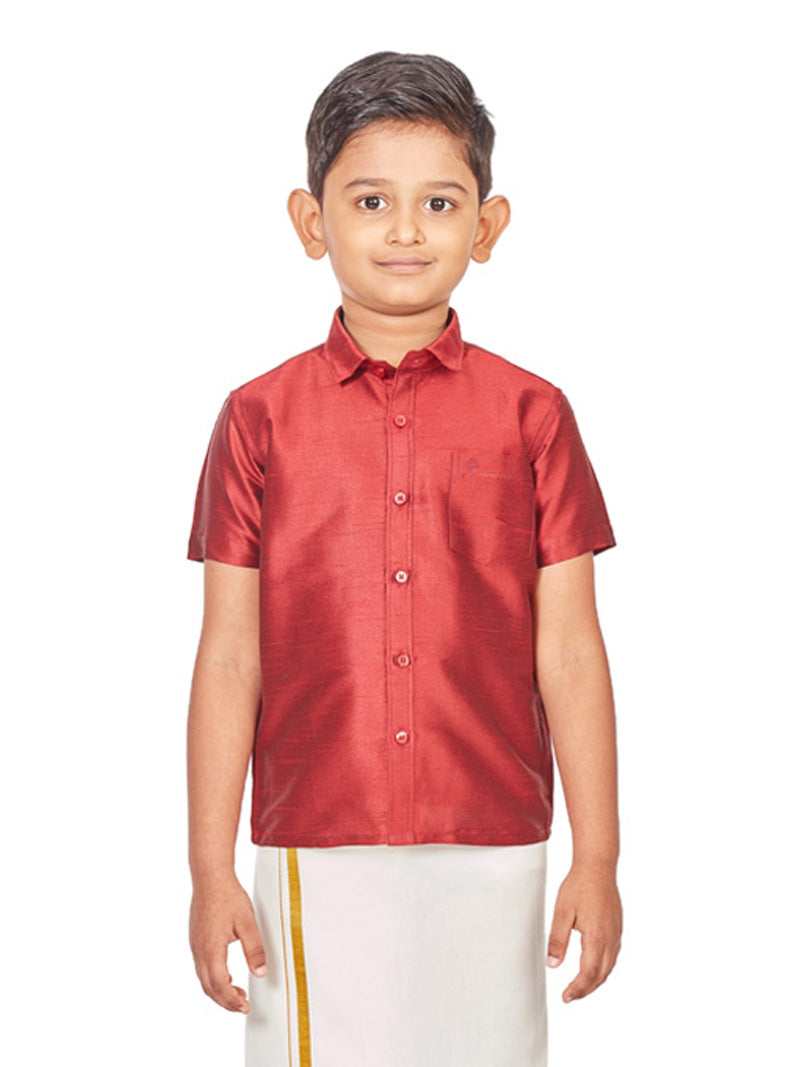 Matching Junior Senior Dupion Satin Maroon Shirt with Dhoti Combo