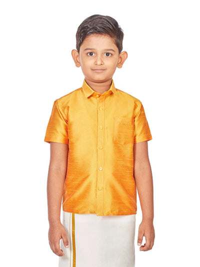 Matching Junior Senior Dupion Satin Yellow Shirt with Dhoti Combo