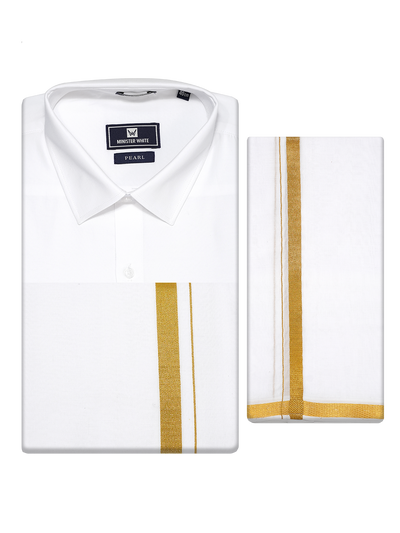 Men's White Full Sleeves Wedding Shirt, Dhoti & Nerial Combo - Cistus White by Minister White