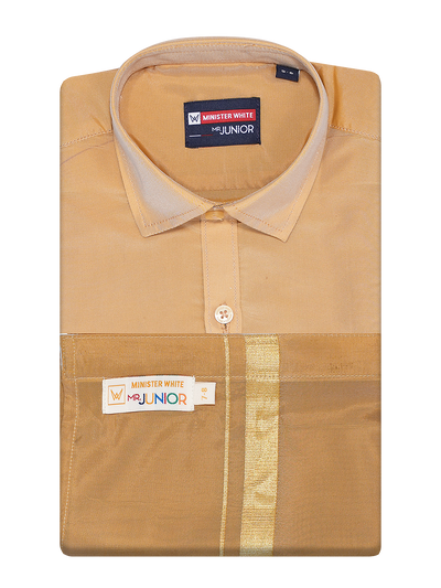 Boys Dark Gold Matching Art Silk Shirt and Flexi Dhoti Combo Poppins by Minister White