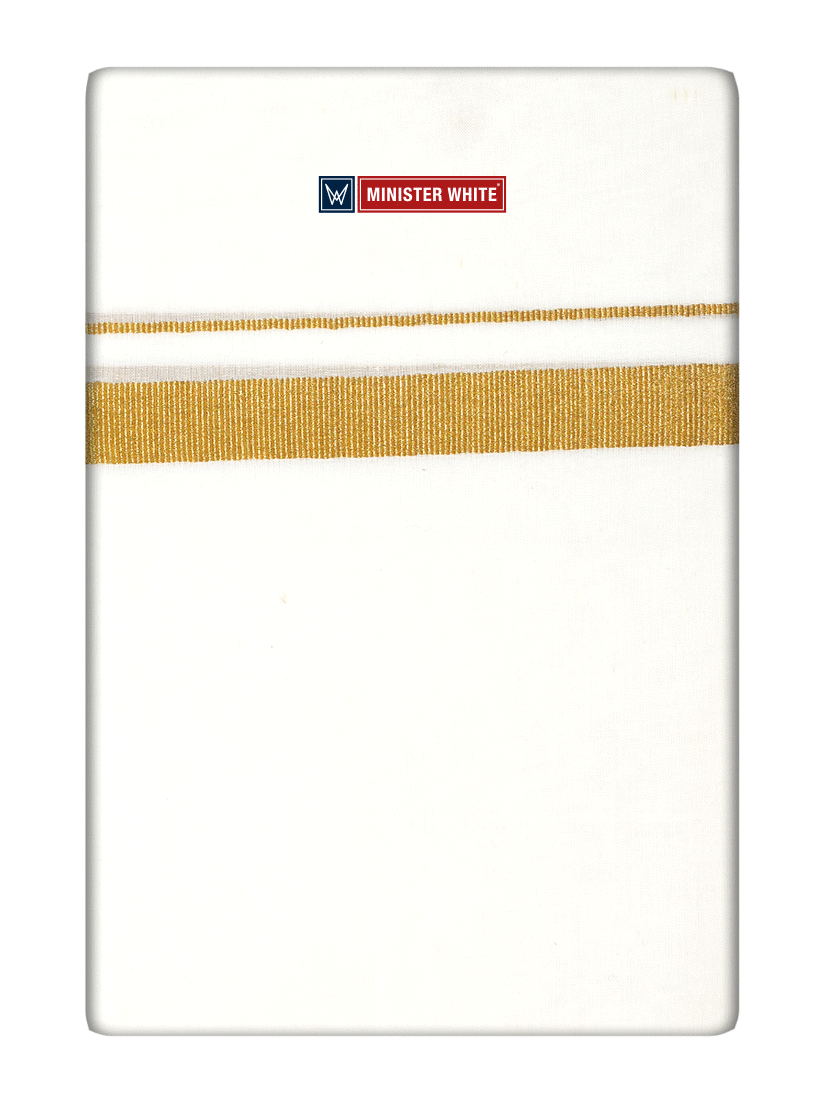 Mens Cotton Cream Double Layered Dhoti with 3/4" Gold Jari Border - Glow 3/4 by Minister White