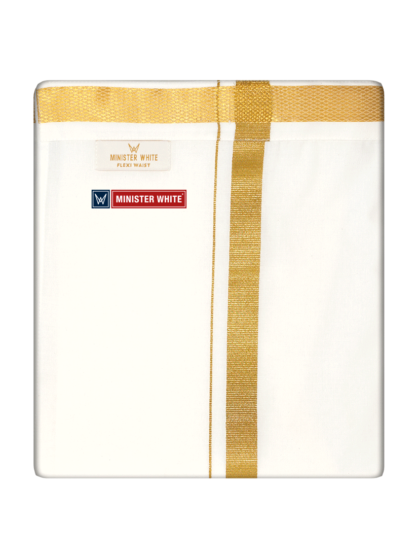 Mens Cotton White Double Layered Dhoti with Gold Jari Border - Genius Dbl by Minister White