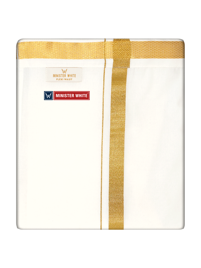 Mens Cotton White Double Layered Dhoti with Gold Jari Border - Genius Dbl