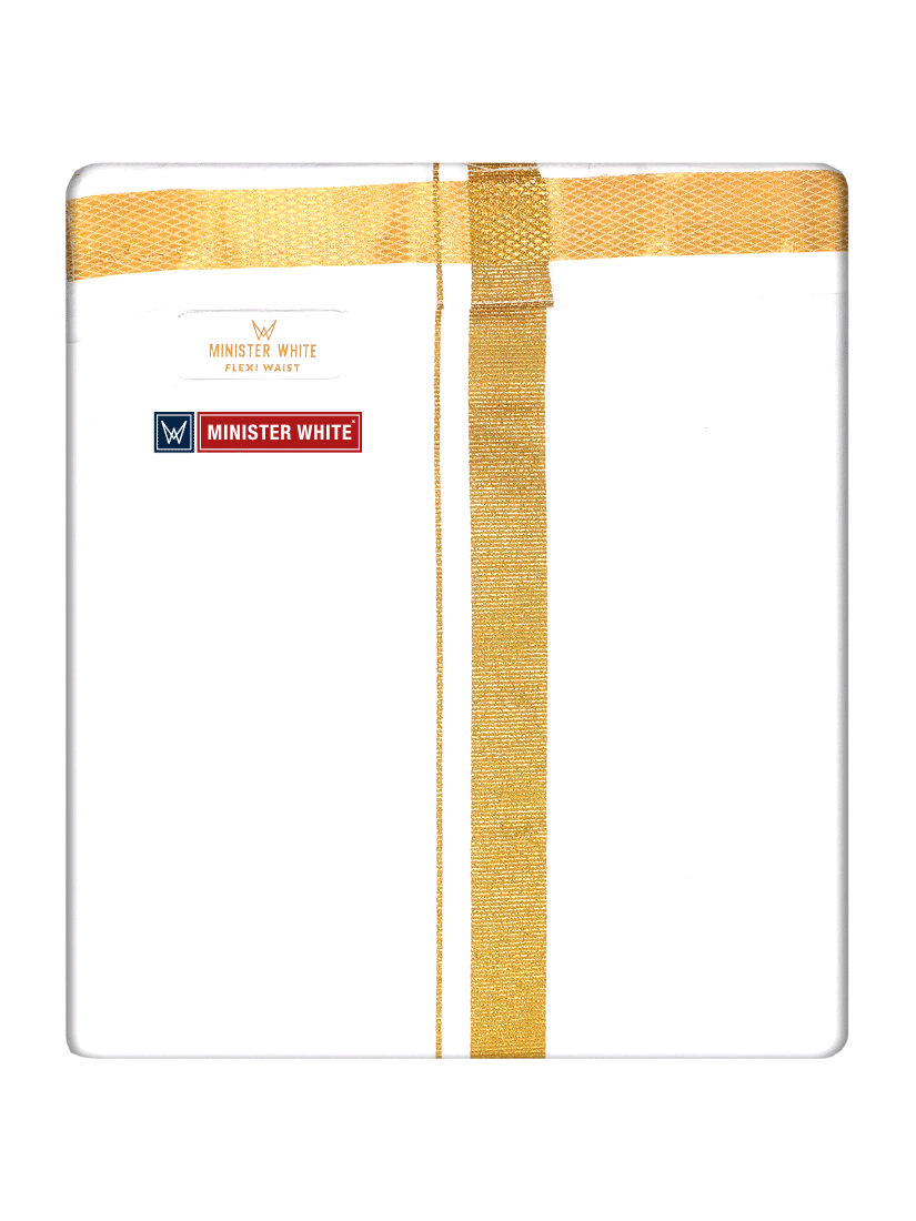 Mens Cotton White Single Layered with Gold Jari Velcro Pocket Dhoti - Trigger by Minister White