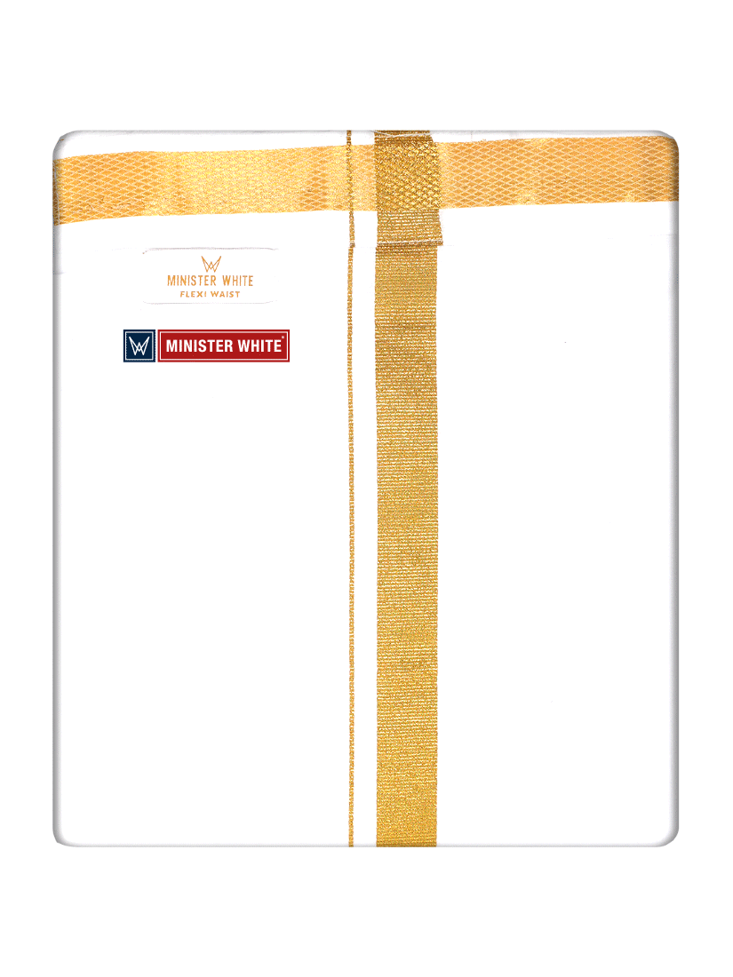 Mens Cotton White Single Layered with Gold Jari Velcro Pocket Dhoti - Trigger