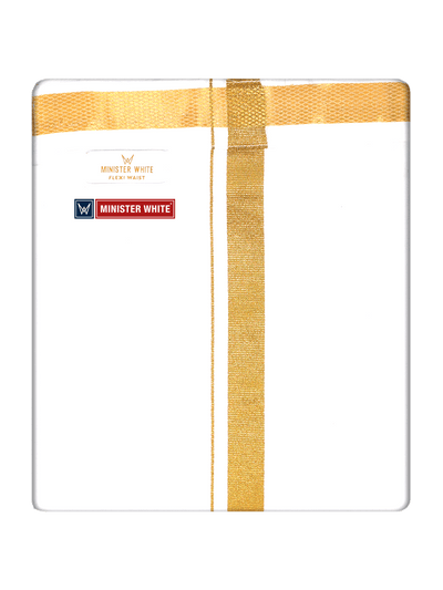 Mens Cotton White Single Layered with Gold Jari Velcro Pocket Dhoti - Trigger by Minister White