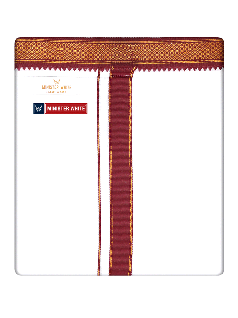 Mens Cotton White Colour Double Layered with Myilkhgan Border Velcro Pocket Dhoti - Kanishka