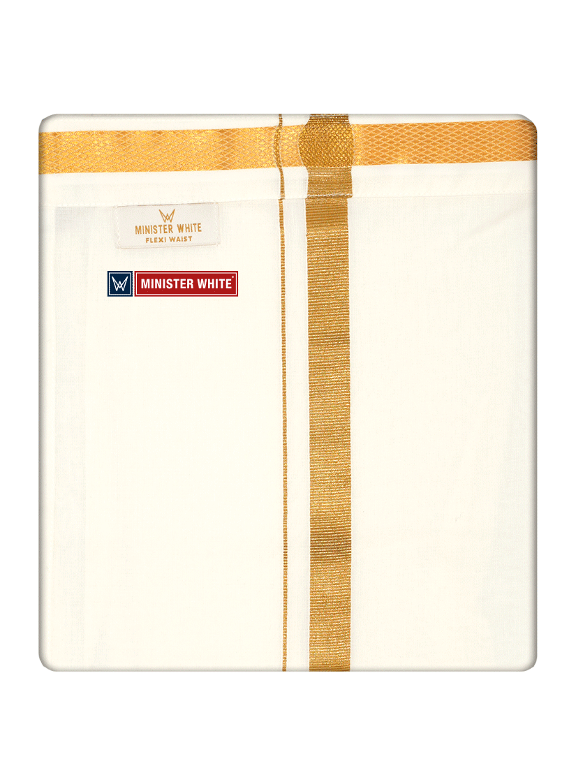 Mens Cotton Cream Double Layered with Gold Jari Velcro Pocket Dhoti - Energy by Minister White