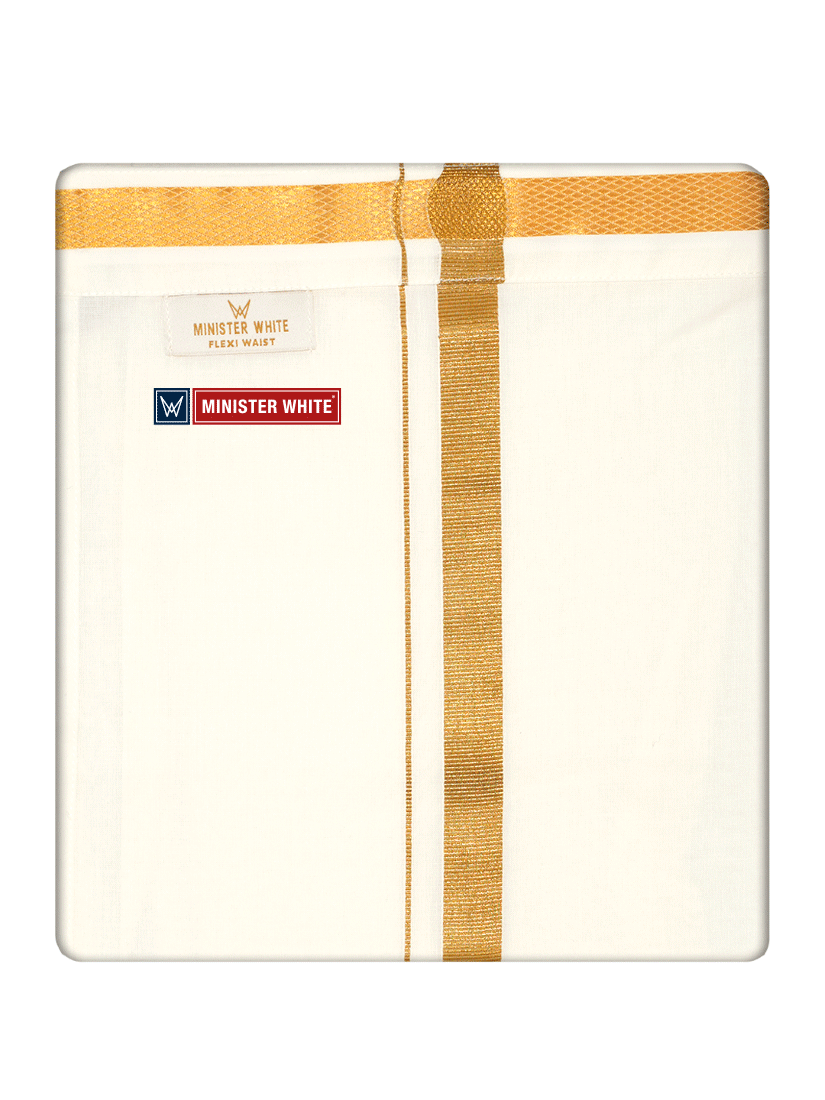 Mens Cotton Cream Double Layered with Gold Jari Velcro Pocket Dhoti - Energy